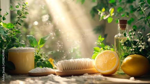 Zero waste plastic free cleaning items on sunny nature background. Set of eco friendly cleansing products. Sustainable lifestyle concept. Plastic free home.
