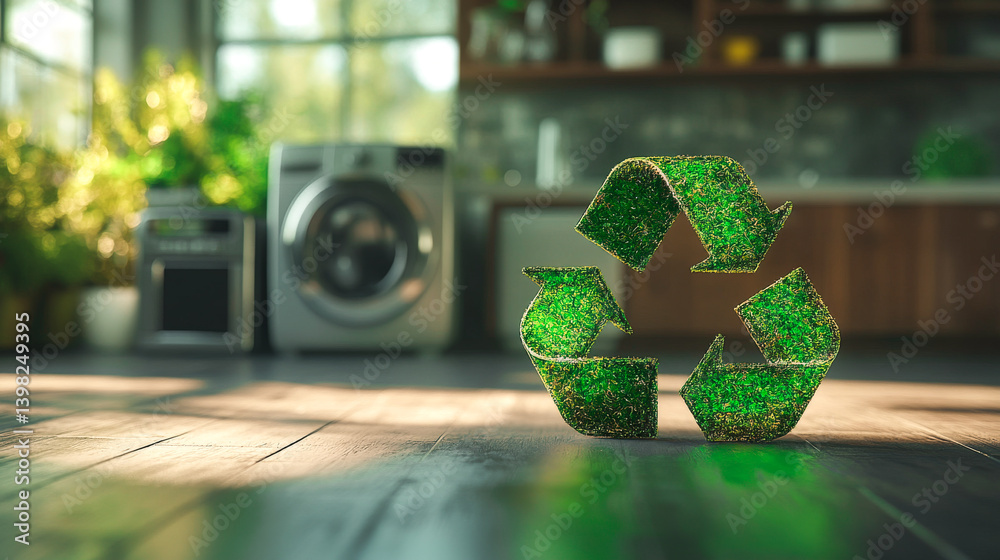Recycle sign With Household Appliances on background. Recycling mark Mobius loop. Circular economy and Electronic waste