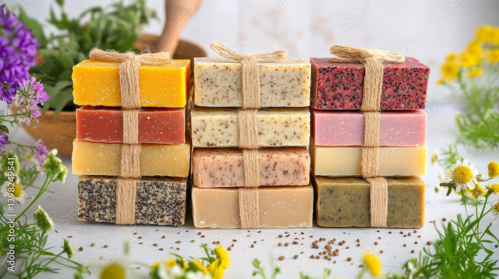 Handmade vegan soap made with natural herbal and flowers ingredients. Making eco friendly skincare products at home. Sustainable Zero waste beauty skin care concept