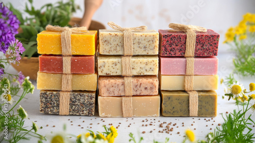 Obraz na płótnie Handmade vegan soap made with natural herbal and flowers ingredients. Making eco friendly skincare products at home. Sustainable Zero waste beauty skin care concept w salonie
