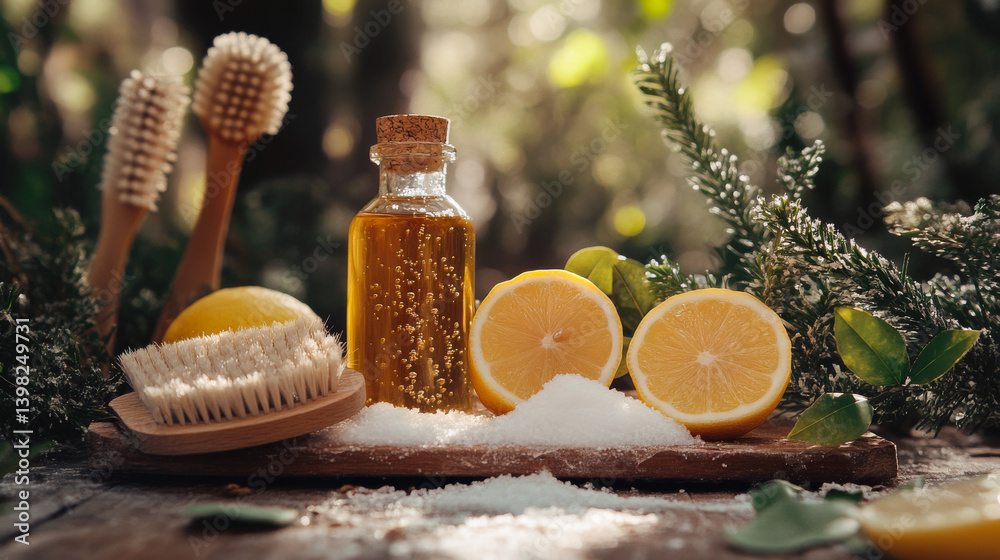 Zero waste plastic free cleaning items on sunny nature background. Set of eco friendly cleansing products. Sustainable lifestyle concept. Plastic free home.