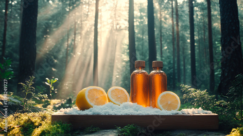 Zero waste plastic free cleaning items on sunny nature background. Set of eco friendly cleansing products. Sustainable lifestyle concept. Plastic free home.