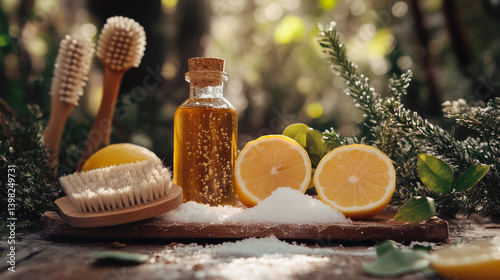 Obraz na płótnie Zero waste plastic free cleaning items on sunny nature background. Set of eco friendly cleansing products. Sustainable lifestyle concept. Plastic free home. w salonie
