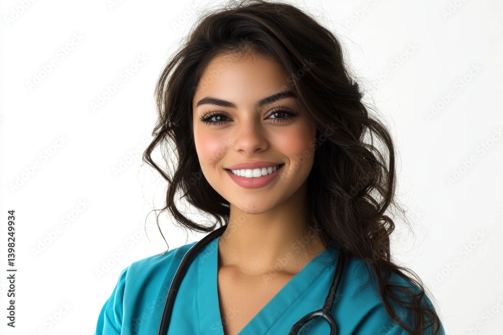 Young female doctor smiling with stethoscope, wearing blue uniform on a white background Young female doctor smiling with stethoscope, wearing blue uniform on a white background