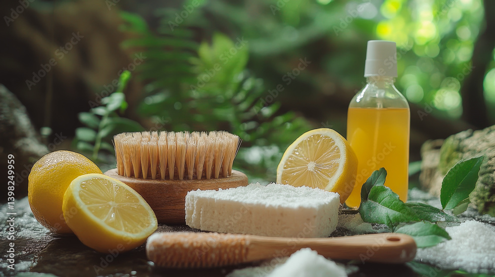 Zero waste plastic free cleaning items on sunny nature background. Set of eco friendly cleansing products. Sustainable lifestyle concept. Plastic free home.