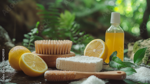 Obraz na płótnie Zero waste plastic free cleaning items on sunny nature background. Set of eco friendly cleansing products. Sustainable lifestyle concept. Plastic free home. w salonie