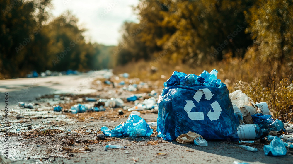 recycle sign on a blurred garbage background. Recycling mark Mobius loop. Environmental concept. Concept of ecology, sustainable development, zero waste and environmental protection