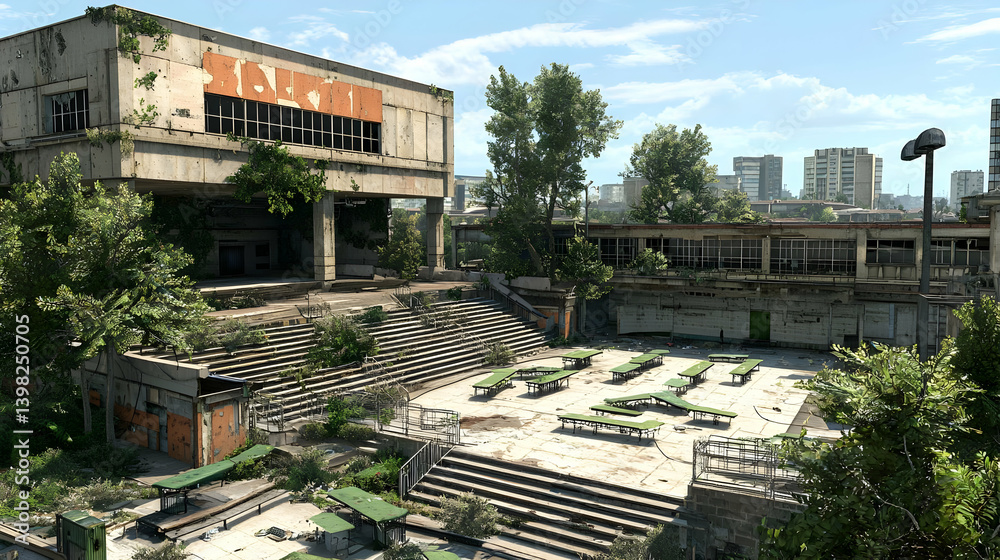 Fototapeta premium Abandoned Stadium Overgrown With Plants And Trees