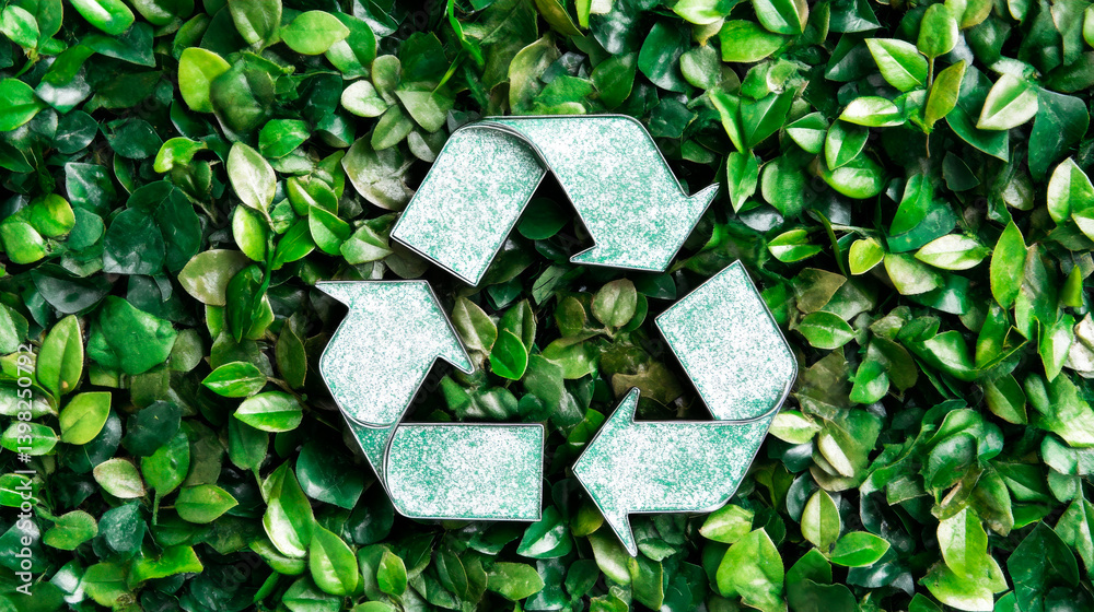 recycle sign on Green background. Recycling mark Mobius loop. Environmental concept. Concept of ecology, sustainable development, zero waste and environmental protection