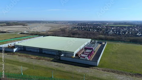 Top down aerial view of a large distribution or logistics warehouse. uk photo
