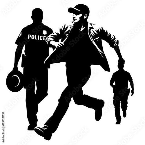 Migrant escaping from police silhouette