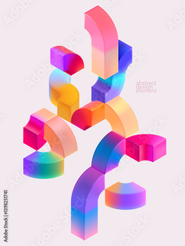 Multicolored 3D arches. Glass iridescent geometric shape. Abstract vector composition