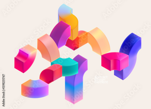 Multicolored 3D arches. Glass iridescent geometric shape. Abstract vector composition
