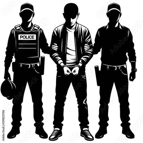 Migrant in handcuffs with police silhouette