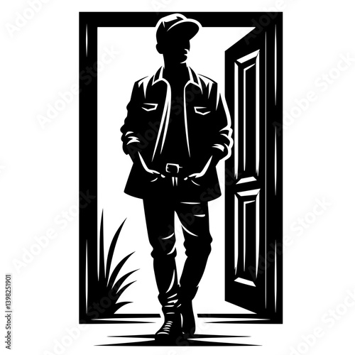 Migrant man at doorway silhouette illustration