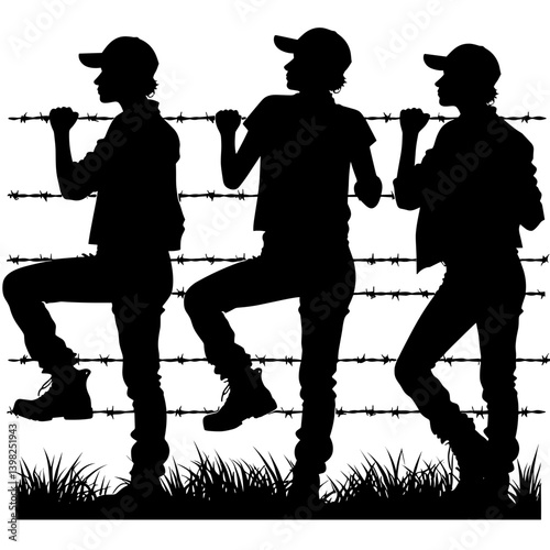 Migrant group at barbed wire silhouette