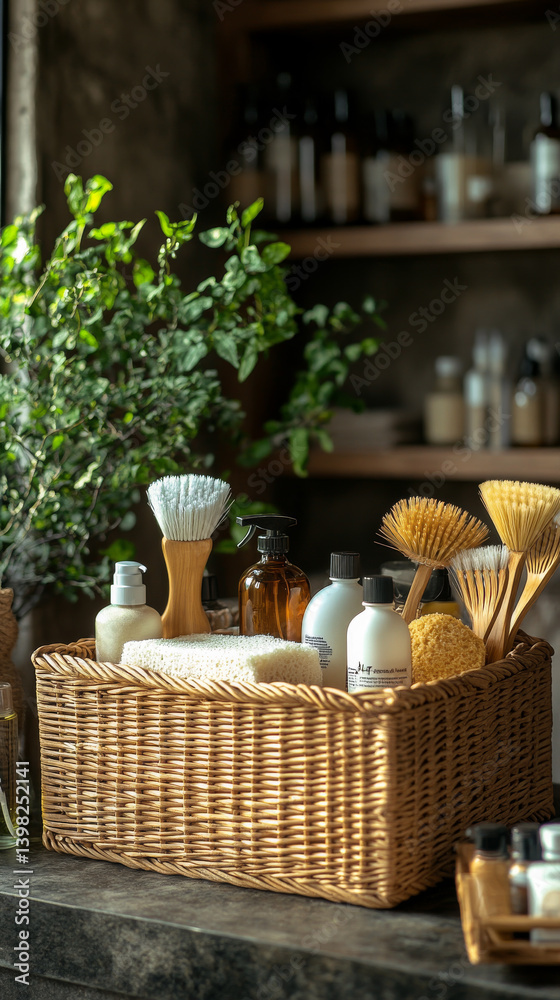 Zero waste plastic free cleaning items on sunny home. Set of eco friendly cleansing products. Sustainable lifestyle concept. Plastic free home.