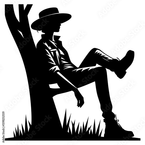 Migrant woman resting by tree silhouette