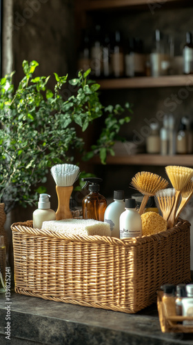 Obraz na płótnie Zero waste plastic free cleaning items on sunny home. Set of eco friendly cleansing products. Sustainable lifestyle concept. Plastic free home. w salonie