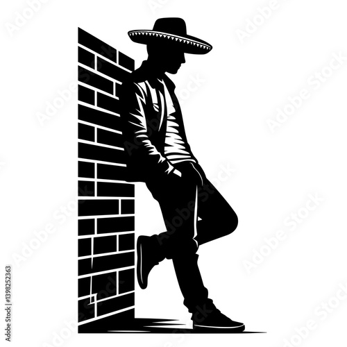 Migrant man leaning on brick wall silhouette