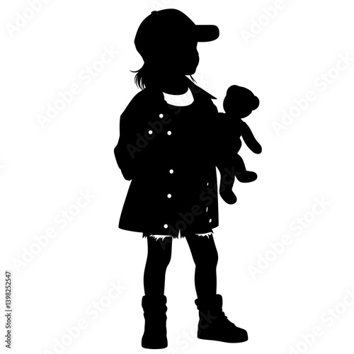 Migrant girl holding teddy bear silhouette