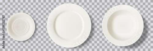 White plates set. Vector 3d realistic top view illustration. Cooking, flatware, serving dishes design elements