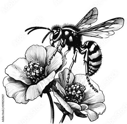 Paper Wasp line art drawing ink sketch vector hand drawn illustration background, beetle, bug, ​insect, moth,