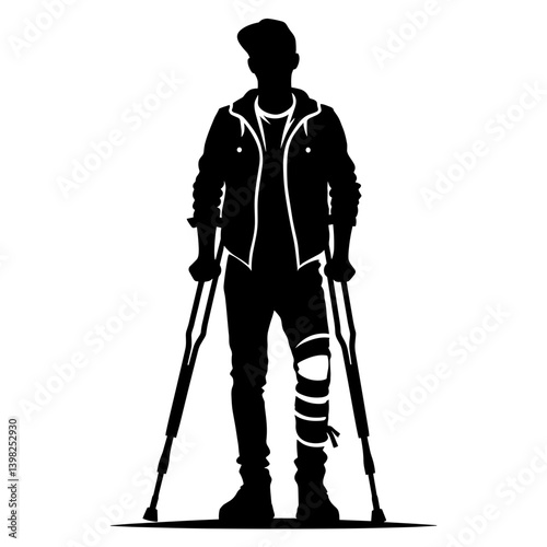 Injured migrant man with crutches silhouette