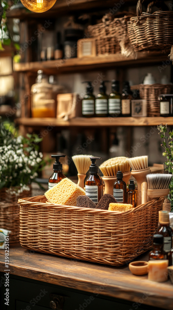 Zero waste plastic free cleaning items on sunny home. Set of eco friendly cleansing products. Sustainable lifestyle concept. Plastic free home.