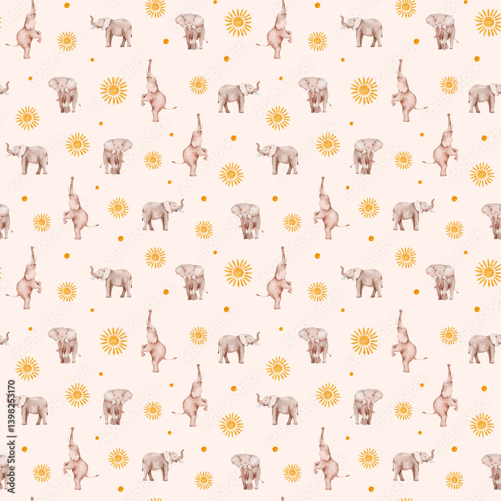 Colorful pattern of playful elephants and sun motifs on light background for cheerful home decor Colorful pattern of playful elephants and sun motifs on light background for cheerful home decor