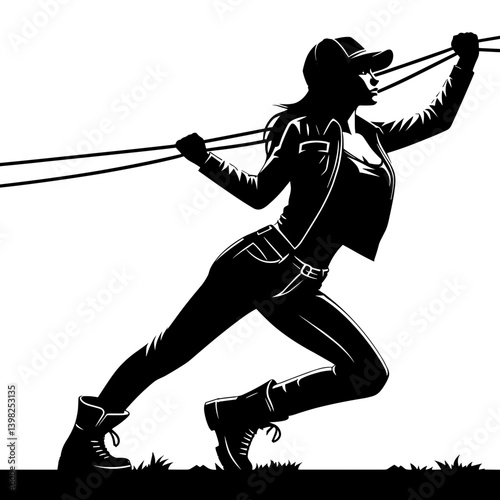 Migrant woman crossing barbed wire silhouette