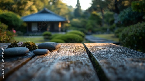 Sunlit wooden table with smooth stones and moss, serene Japanese garden background.