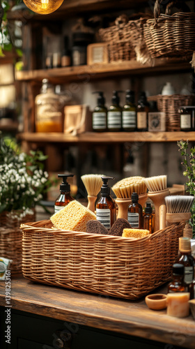 Obraz na płótnie Zero waste plastic free cleaning items on sunny home. Set of eco friendly cleansing products. Sustainable lifestyle concept. Plastic free home. w salonie