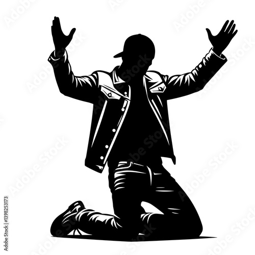 Migrant man kneeling with raised hands silhouette