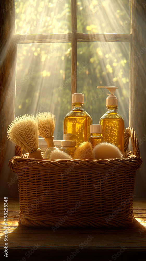 Zero waste plastic free cleaning items on sunny home. Set of eco friendly cleansing products. Sustainable lifestyle concept. Plastic free home.