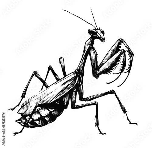 Praying Mantis line art drawing ink sketch vector hand drawn illustration background, beetle, bug, ​insect, moth,