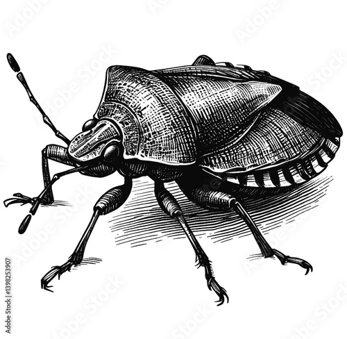 Stink Bug line art drawing ink sketch vector hand drawn illustration background, beetle, ​insect, moth,