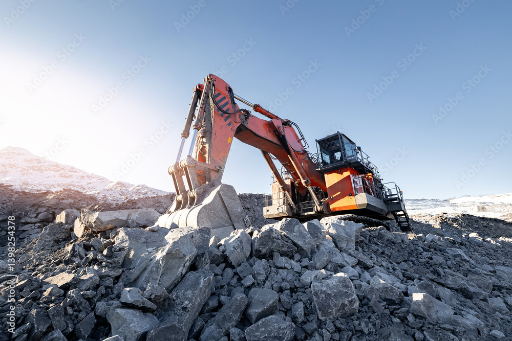 Work of excavator in an open pit on coal mine, gold ore or nickel, iron mining