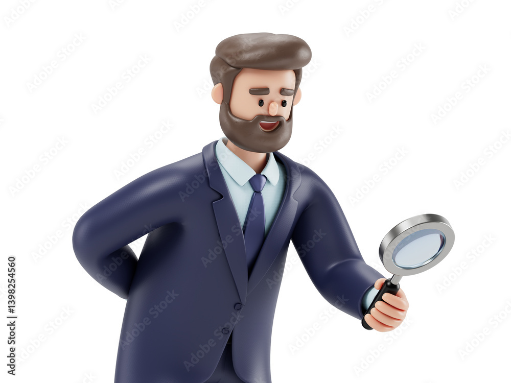 A man holds a magnifying glass, symbolizing analysis, scrutiny, or the search for details. 3D rendering, conceptual image. Isolated on white background. A man holds a magnifying glass, symbolizing analysis, scrutiny, or the search for details. 3D rendering, conceptual image. Isolated on white background.