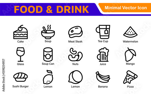 Food and Drink Icons Collection. Vector-Based Icons for Cooking, Dining, Beverages, Restaurant, and Fast Food Design
