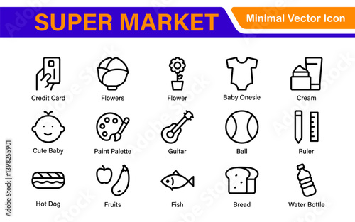 Supermarket Store Icon Collection. Modern Grocery Symbols for UI and Branding