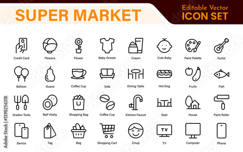 Supermarket Store Icon Collection. Modern Grocery Symbols for UI and Branding