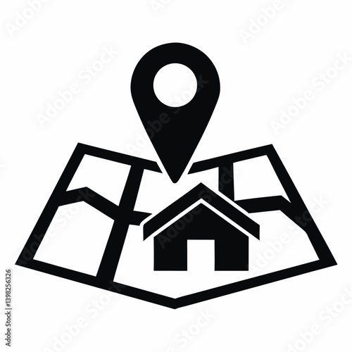 House with location pin on map black and white icon