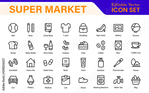 Supermarket Store Icon Collection. Modern Grocery Symbols for UI and Branding