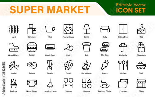 Supermarket Store Icon Collection. Modern Grocery Symbols for UI and Branding