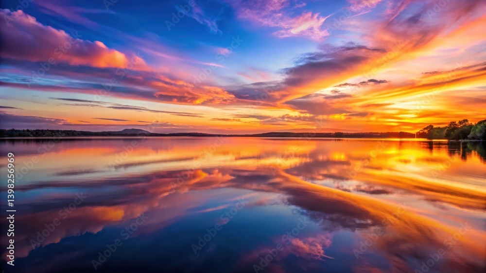 Serene Sunset Reflection on a Calm Lake, Vivid Colors Painting the Sky and Water with Fiery Hues Serene Sunset Reflection on a Calm Lake, Vivid Colors Painting the Sky and Water with Fiery Hues