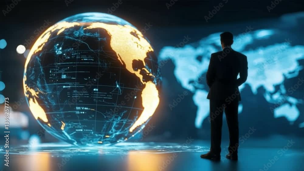 A businessman stands in front of a glowing digital globe, symbolizing global business and innovation. A businessman stands in front of a glowing digital globe, symbolizing global business and innovation.