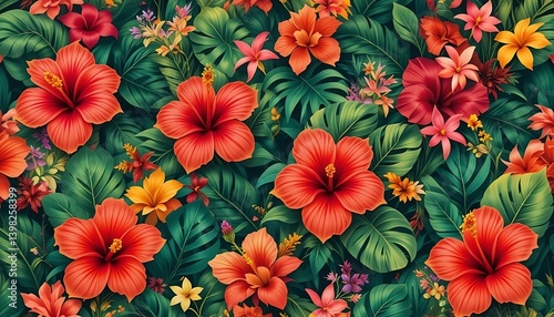 Tropical Hibiscus Floral Pattern with Vibrant Flowers and Green Leaves