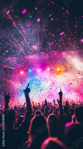 Festival crowd captured as dark silhouettes against brilliant multicolored stage lights during major music event with confetti and streamers catching light mid-air for entertainment marketing