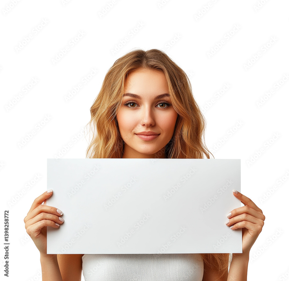 Engaging female model holding blank sign portrait bright lighting advertising concept. Isolated on transparent background, png. Engaging female model holding blank sign portrait bright lighting advertising concept. Isolated on transparent background, png.